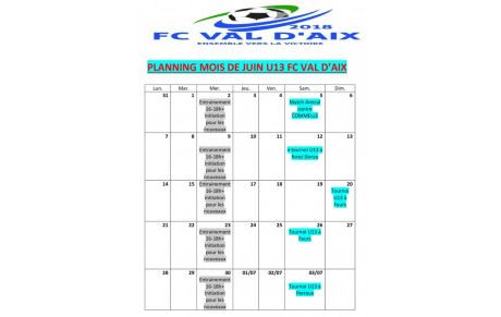 PLANNING U13 JUIN